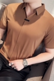 高弹性感V领短袖POLO衫男高级感冰丝无痕翻领T恤咖啡色T2411-P63，男装T恤，电商A213