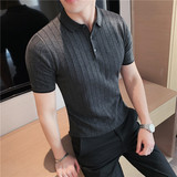 夏季时尚暗条纹针织Polo衫拼色修身翻领短袖T恤卡其色PL9725-P60，男装T恤，电商A213