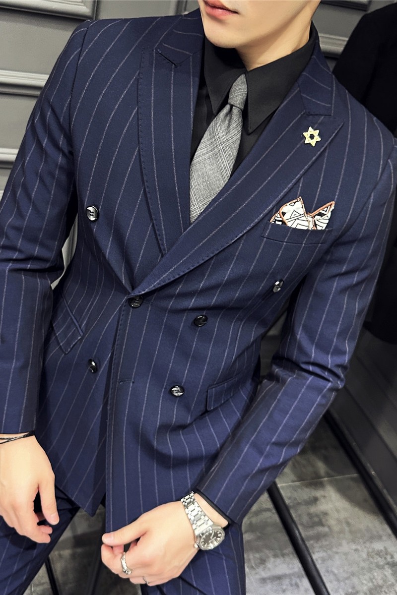 高级感西服套装条纹双排扣戗驳领西装三件套男蓝色SJT8013-P275,男装西服套装,电商A213