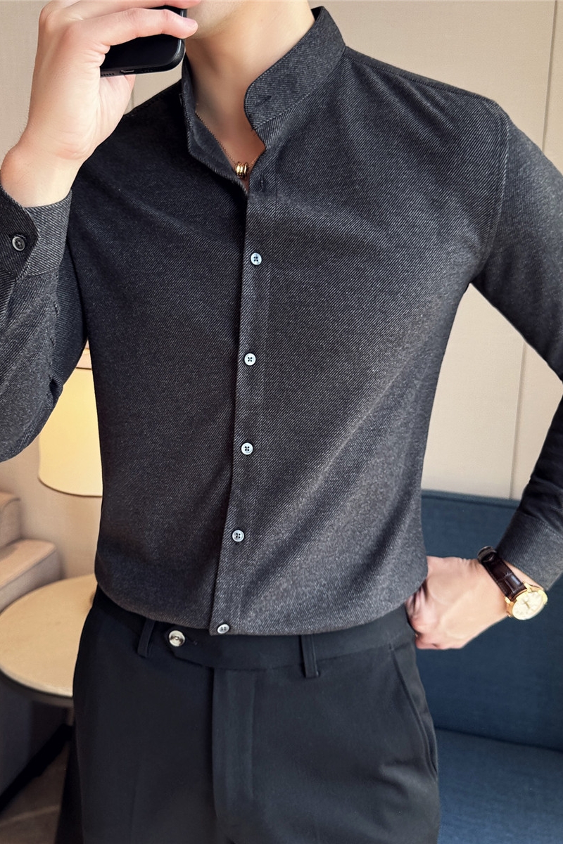 秋冬加厚磨毛保暖毛呢衬衫男高级感立领衬衣深灰色C6645-P73，男装衬衫，电商A213