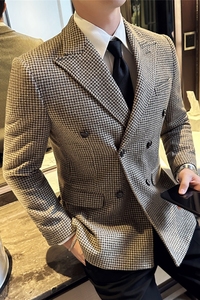 双排扣千鸟格西装高级感高端羊毛呢西服加厚外套黑色DX8815-P155图片