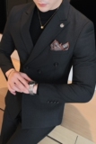 加厚条纹西服套装男痞帅修身双排扣正装结婚西装黑色LJT112-P230，男装西服套装，电商A213