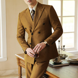 戗驳领双排扣男士休闲西服套装帅气西装两件套卡其色LJT8801-P200，男装西服套装，电商A213