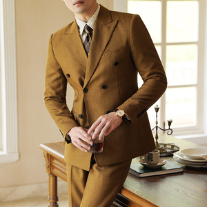 戗驳领双排扣男士休闲西服套装帅气西装两件套卡其色LJT8801-P200,男装西服套装,电商A213