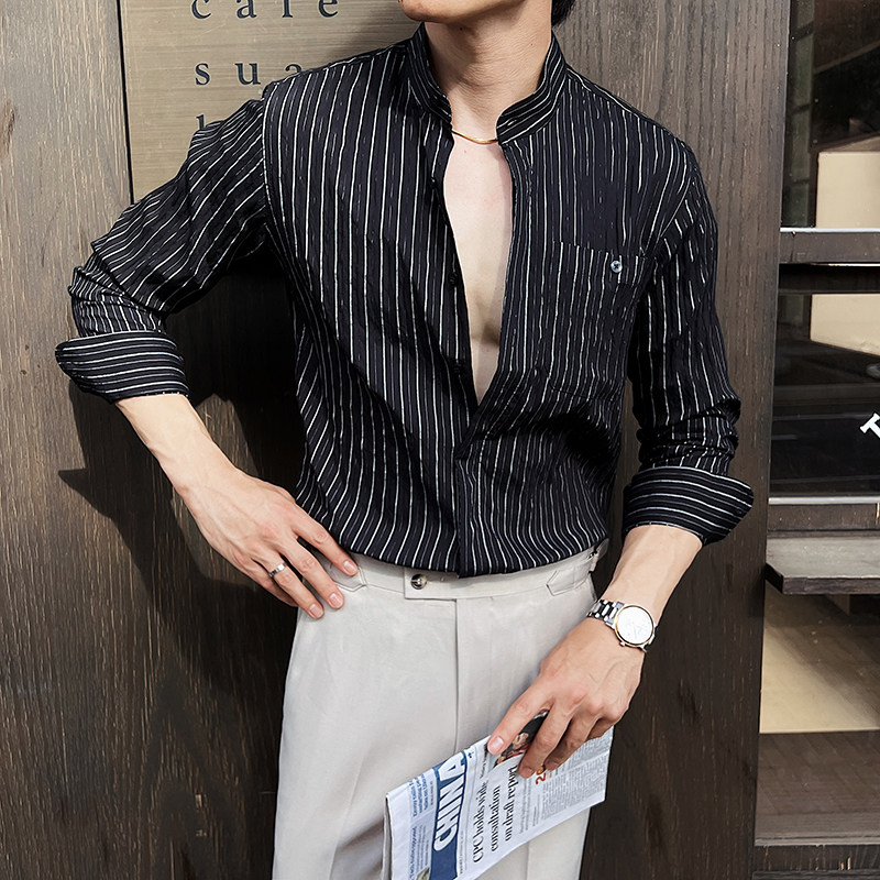 2025春装新中式立体条纹高级感口袋装饰立领长袖衬衫男CL9210-P73,男装衬衫,电商A213