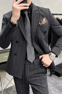 加厚宽条纹双排扣西服套装男商务西装两件套修身深灰LJT306/P230图片