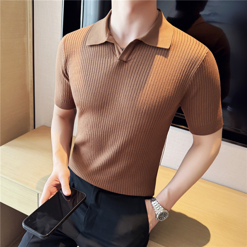 高级感暗条纹V领针织POLO衫男冰丝修身翻领短袖T恤绿色PL2612-P63，男装T恤，电商A213