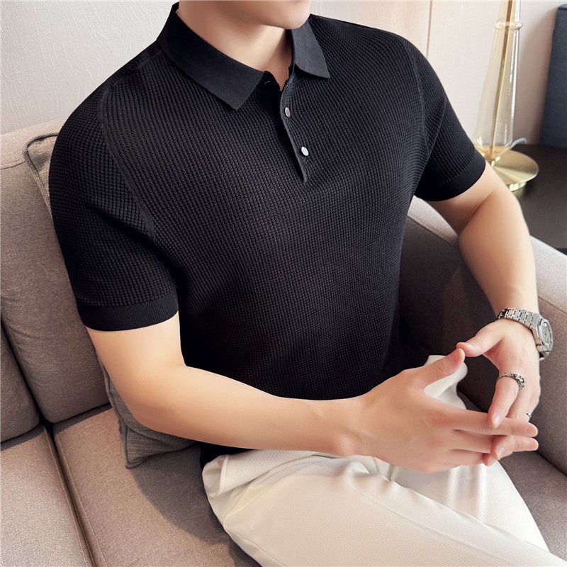 高级感伊力特贝壳扣网格马鞍肩针织短袖Polo衫翻领T恤PL8988-P63，男装Polo衫，电商A213
