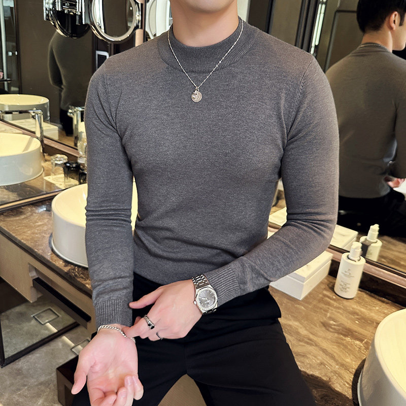 含羊毛~半高领毛衣纯色中领针织打底衫男士羊毛衫灰色M9879-P58
