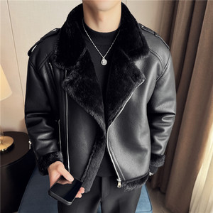 冬季加厚棉衣皮毛一体棉服皮外套西装领斜拉链皮夹克P23100-P268图片