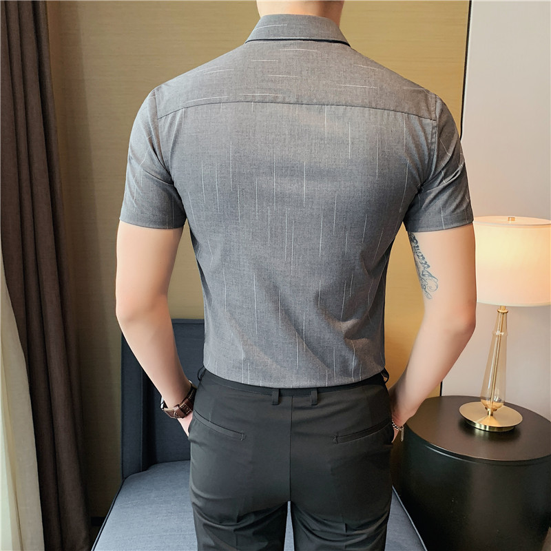 新增5XL夏季薄款男虚线条纹短袖衬衫暗条纹质感修身衬衣C1810/P60,男装T恤,电商A213