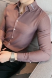 长期做领口织带装饰男条纹衬衫男修身休闲衬衣红色CS06/P55，男装衬衫，电商A213