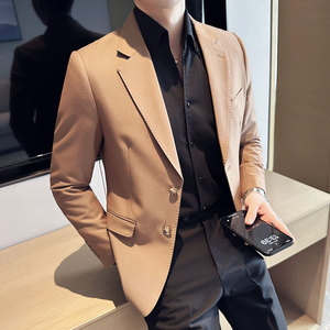 单排扣西装外套男高级感西服商务休闲质感单西卡其色DX-5-P155,9個月宝宝穿衣搭配图片图片