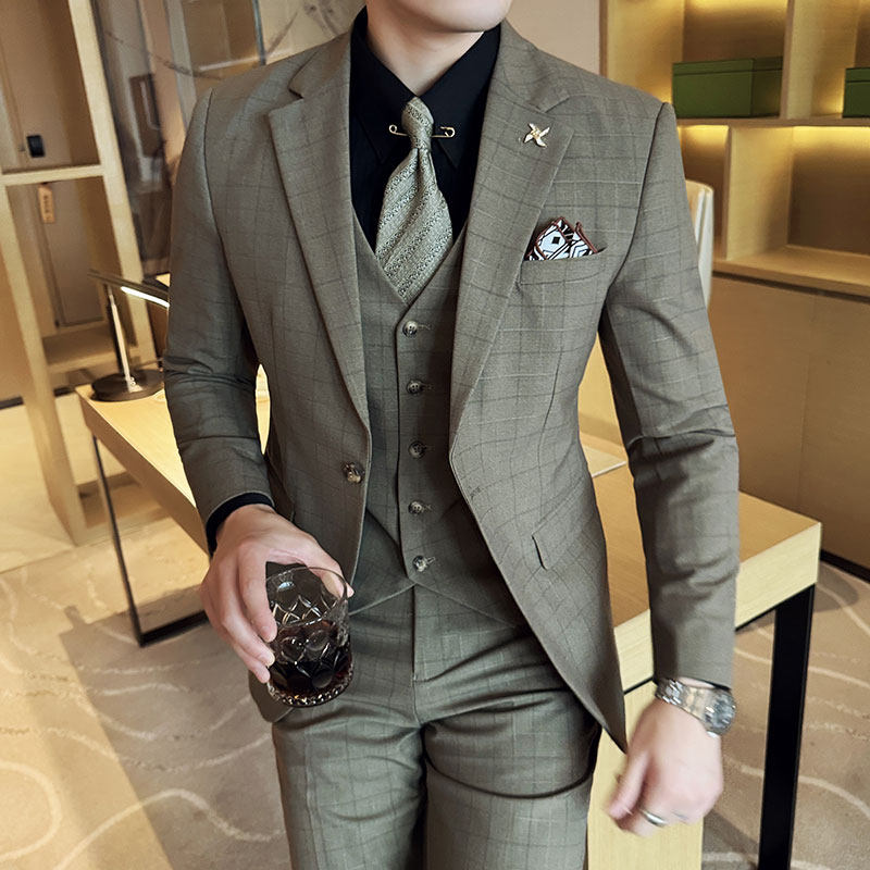 高级感色织格子新郎结婚礼服西装三件套质感西服SJT9013-P265，男装西服套装，电商A213