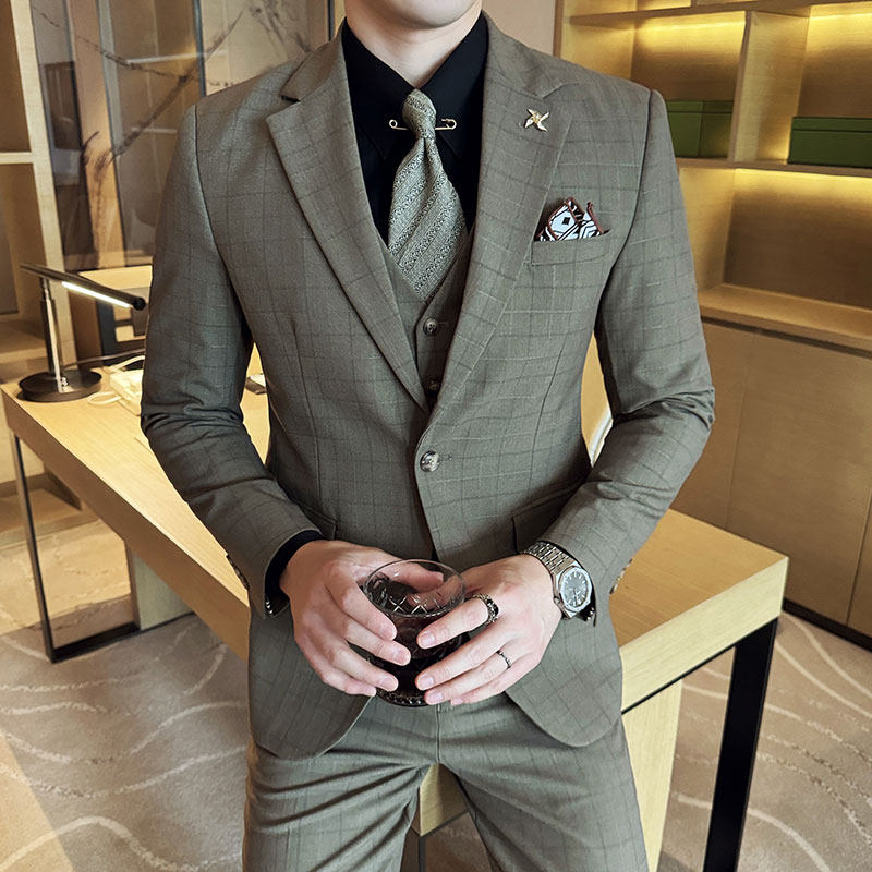 高级感色织格子新郎结婚礼服西装三件套质感西服SJT9013-P265，男装西服套装，电商A213