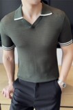 伊力特撞色肌理纹~冰丝薄款小V领针织短袖Polo衫男T恤PL8933-P73，男装T恤，电商A213