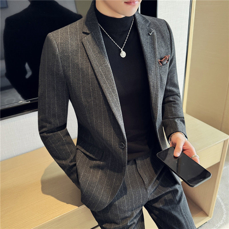 高级感条纹毛呢休闲西装套装男修身韩版秋冬加厚西服LJT6953-P230图片