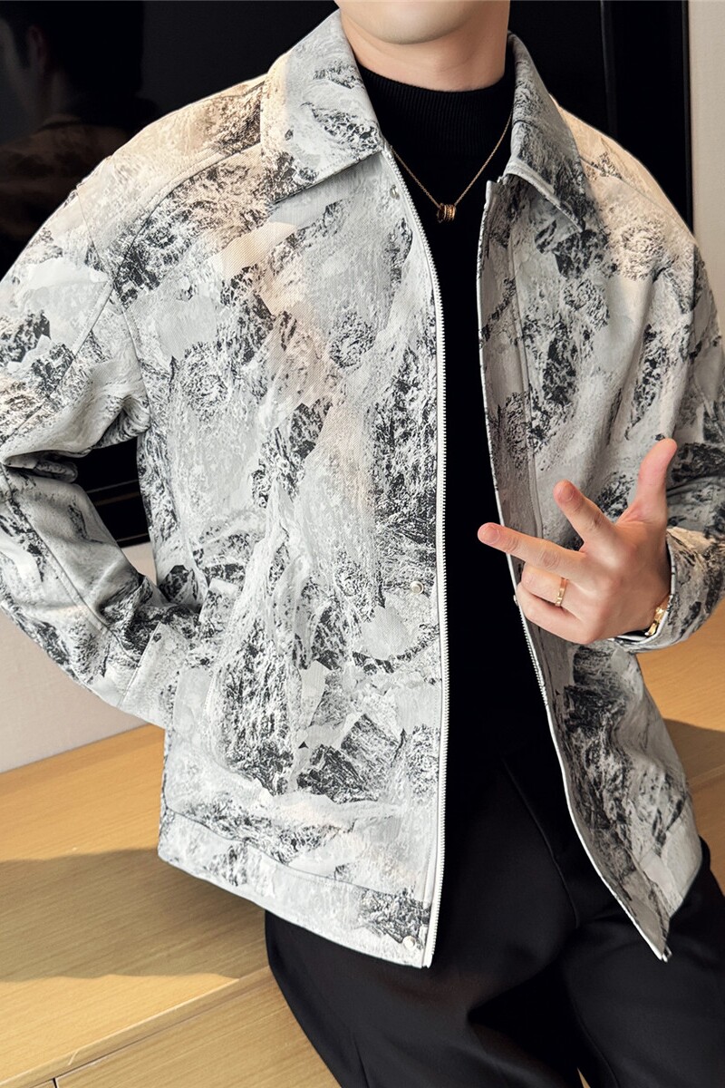 秋冬高级感印花皮夹克男翻领时尚皮外套黑色JK7013-P147，男装夹克，电商A213