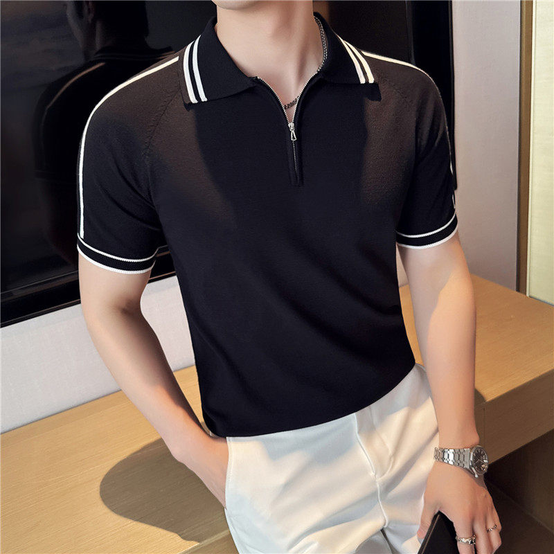 【天丝莱赛尔】条纹拼色冰丝针织POLO衫短袖T恤男黑色PL2410-P67，男装Polo衫，电商A213