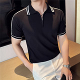 【天丝莱赛尔】条纹拼色冰丝针织POLO衫短袖T恤男黑色PL2410-P67，男装Polo衫，电商A213