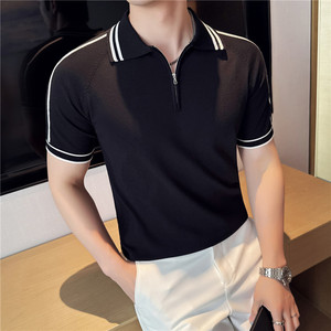 【天丝莱赛尔】条纹拼色冰丝针织POLO衫短袖T恤男黑色PL2410-P67,男装Polo衫,电商A213