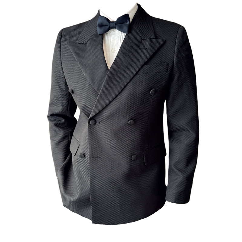 华夫格大戗驳领双排扣西服套装男礼服西装两件套黑色LJT6601-P205图片