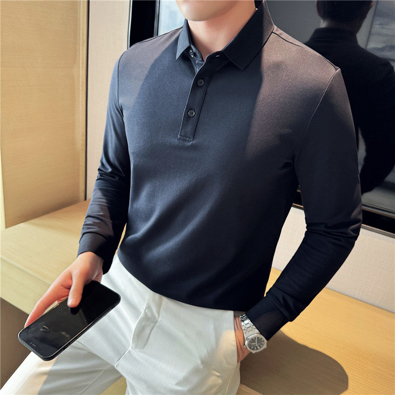 高品质做工~高级感长袖polo衫翻领纯色带领t恤枣红色PL35008-P52图片