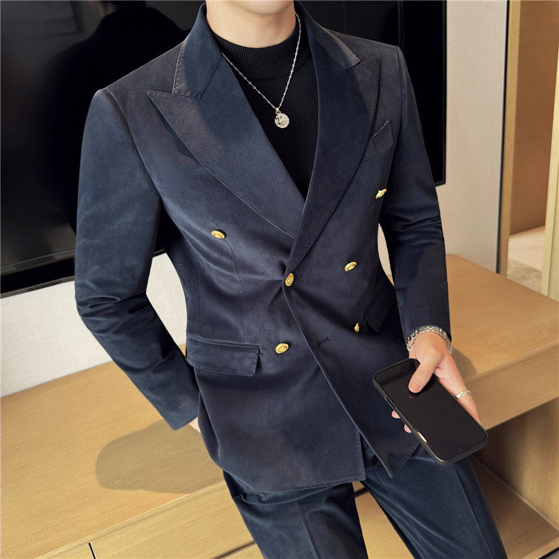 定制绒面布料~重磅加厚毛呢双排扣西服外套男西装套装LJT709-P280图片