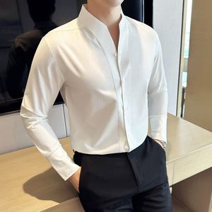 高级感性感大V领衬衫男长袖设计感无领衬衣黑色CZ013-P73