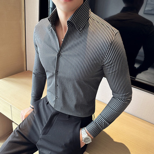 高品质弹力舒适面料V领衬衫男长袖潮流休闲大领条纹黑色C6627-P73图片