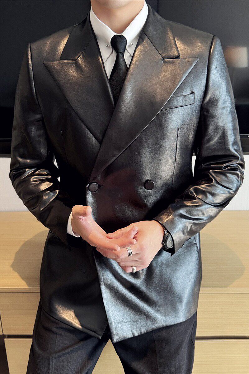 主持人高级感西装外套亮面皮衣休闲时尚皮西服黑色DX702-P178图片