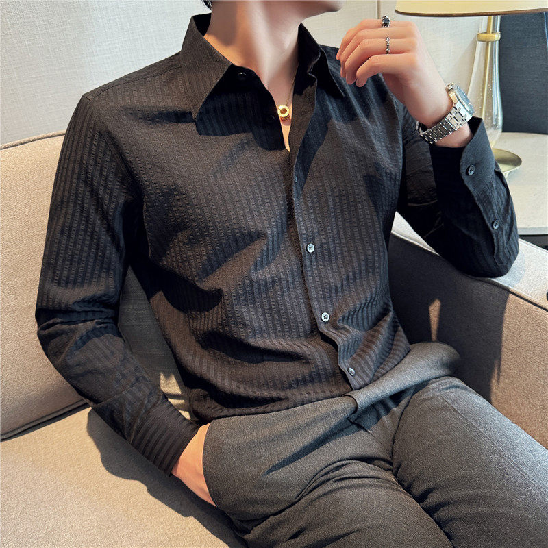 高级感暗纹长袖衬衫男立体竖条纹弹力泡泡纱衬衣绿色CH903-P73,男装衬衫,电商A213