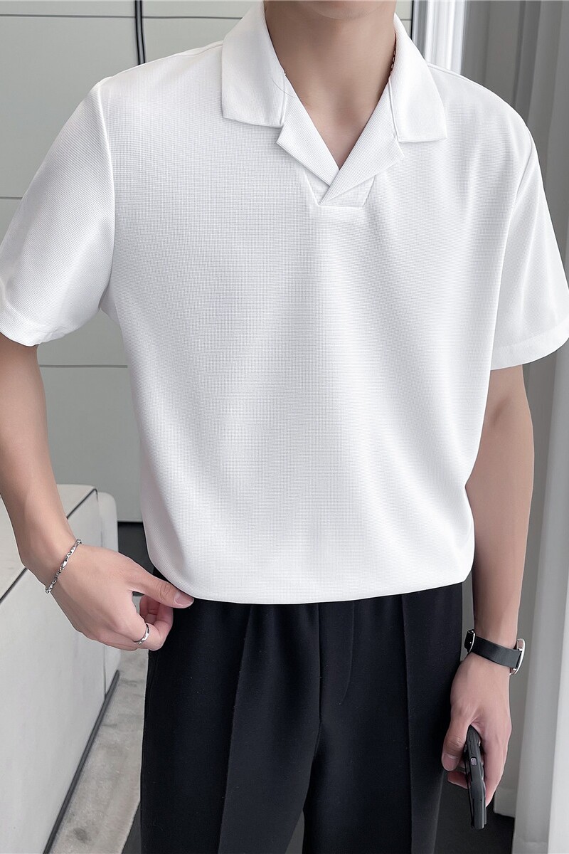 轻熟风~冰丝华夫格古巴领polo衫男西装领短袖T恤白色PL2238-P53,男装T恤,电商A213