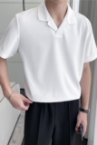 轻熟风~冰丝华夫格古巴领polo衫男西装领短袖T恤白色PL2238-P53，男装T恤，电商A213