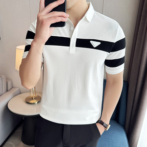 网红款~夏季条纹拼色polo衫男撞色短袖翻领t恤白色PL222-P47特图片