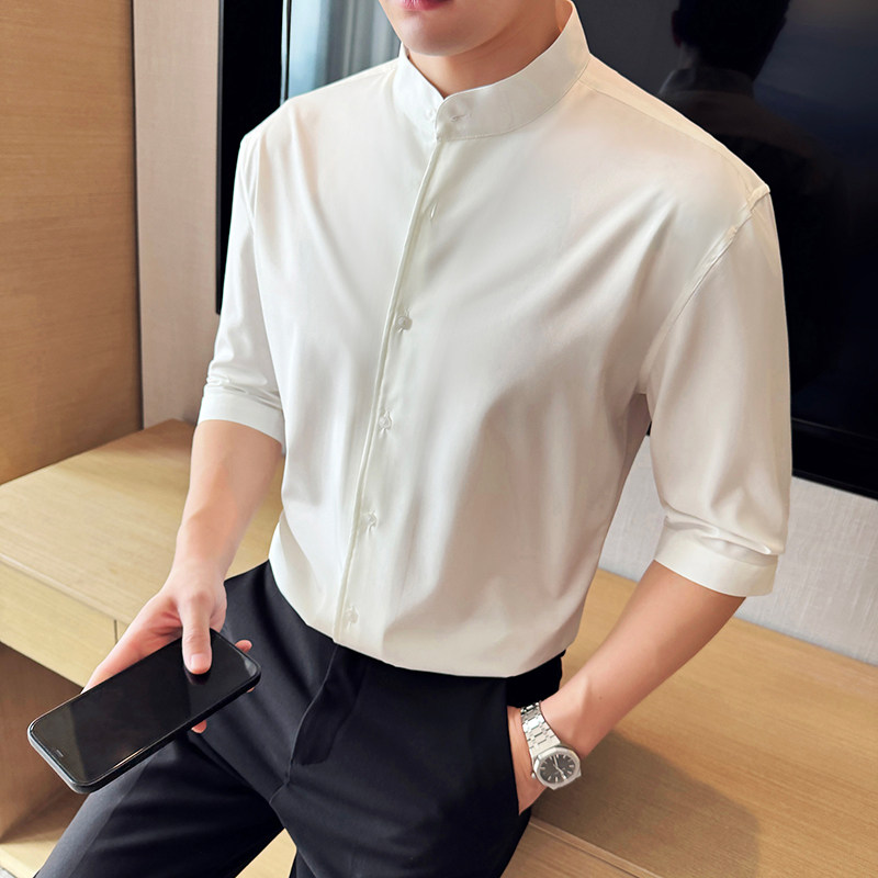 新中式高级感立领衬衫男中袖垂感圆领五分袖衬衣白色C2348-P58