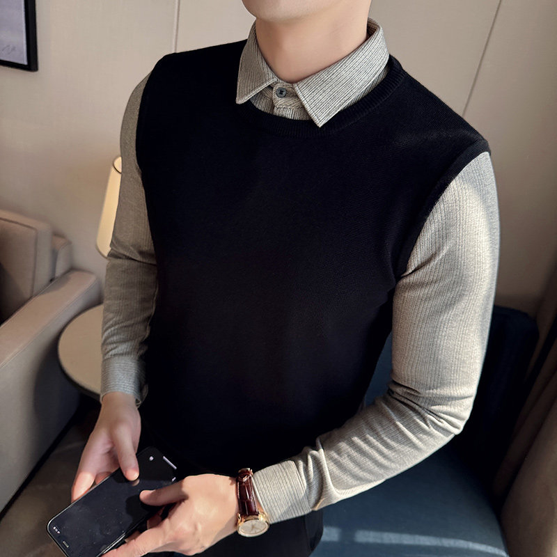 男毛衣修身商务假两件针织衫高级感加厚条纹毛呢衬衫领M9515-P93图片