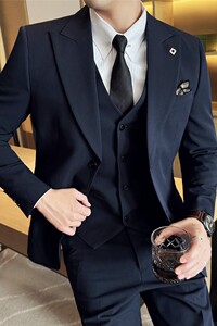M-7XL戗驳领两粒扣西装两件套男修身商务西服套装LJT7052-P150特图片