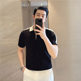 夏季冰丝薄款短袖T恤男暗条纹针织半拉链拼色翻领polo衫MT034-P57，男装Polo衫，电商A213