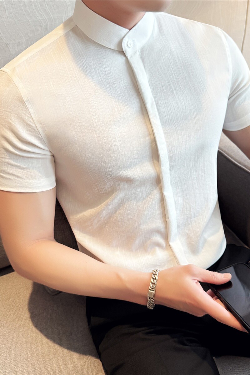 新中式立领衬衫冰丝透气褶皱肌理纹细条纹短袖衬衫白色C1015-P58，男装衬衫，电商A213