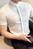 新中式立领衬衫冰丝透气褶皱肌理纹细条纹短袖衬衫白色C1015-P58，男装衬衫，电商A213