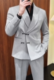 风休闲盘扣西服套装青果领宴会西装两件套男灰色LJT953-P243，男装西服套装，电商A213