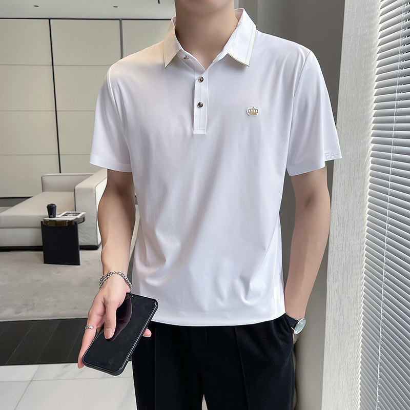 轻熟风~小金边冰丝翻领无痕T恤男士冰感短袖POLO衫灰色PL01-P70,男装T恤,电商A213