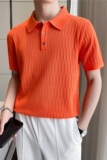 轻熟风~冰丝洞洞针织翻领短袖男T恤修身镂空Polo衫橙色PL9770-P63，男装T恤，电商A213