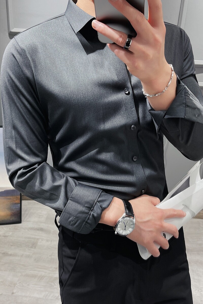 货足特价无痕压胶弹力衬衫男长袖衬衫深灰色C8611/P68,男装衬衫,电商A213
