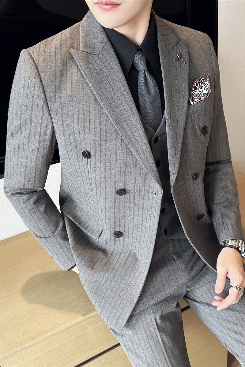 新郎西服套装条纹双排扣戗驳领西装三件套男咖啡色SJT6852-P275,男装西服套装,电商A213