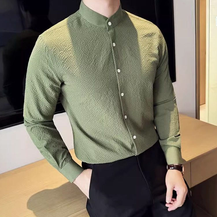 新中式立领长袖衬衫男高级感弹力泡泡纱衬衣白色C2030-P63,淡绿西裤搭配衬衫图片