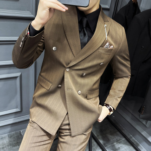 高级感西服套装条纹双排扣戗驳领西装三件套咖啡色SJT8023-P275图片