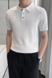 轻熟风~提花针织短袖T恤修身短袖Polo衫翻领tee白色PL9781-P68，男装T恤，电商A213