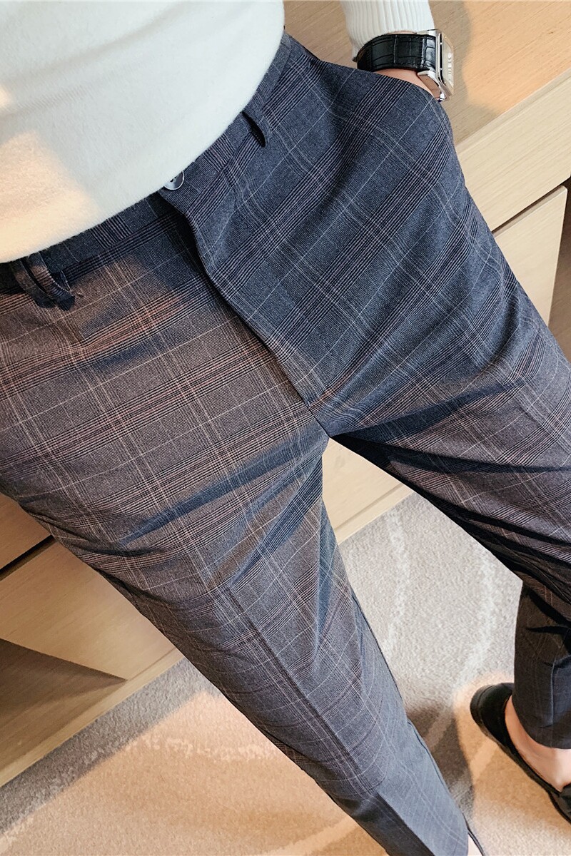 补齐大货~男士格子西裤小脚休闲裤千鸟格纹帅气长裤蓝色XK873-P75,男装西裤,电商A213